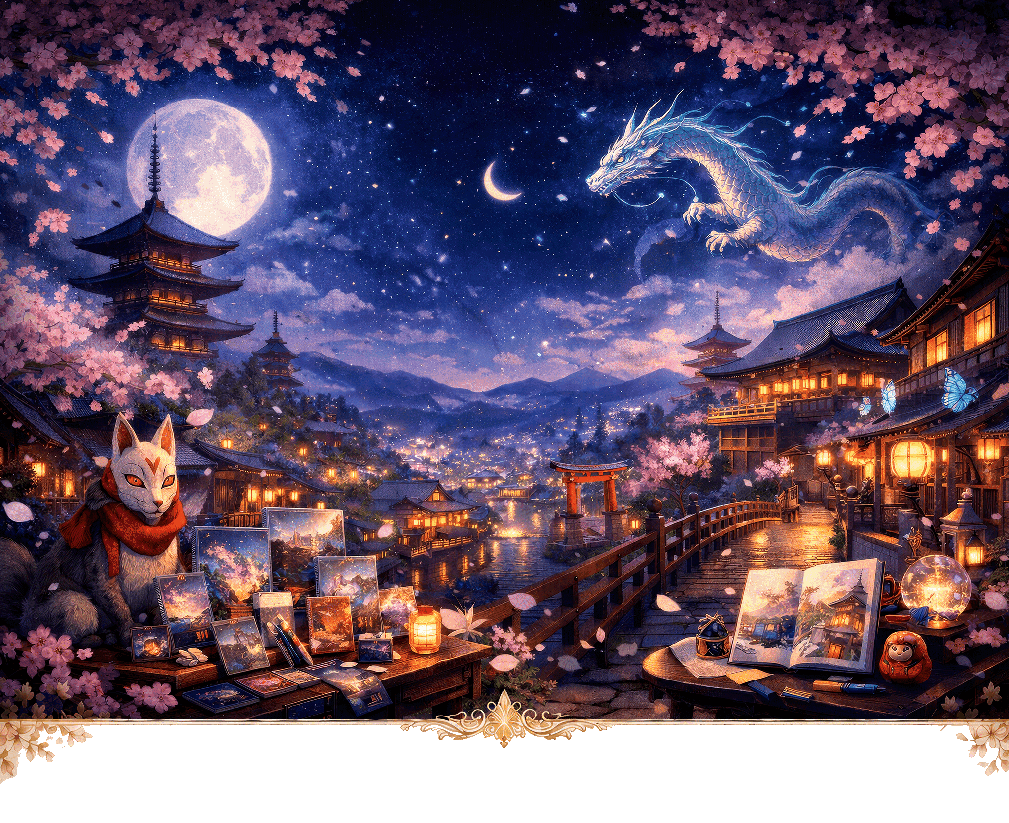 満月と桜に包まれた幻想的な京都の夜景。龍、狐、アート作品や文具が並んでいる